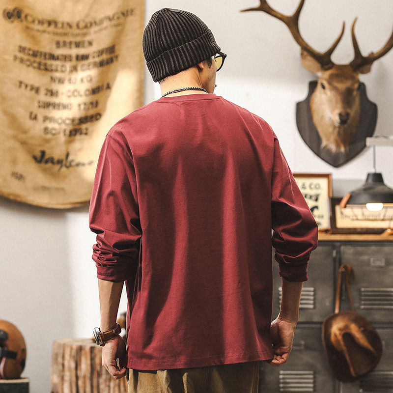 美式復古260g重磅長袖T恤男秋季潮流印花體恤男士酒紅色上衣