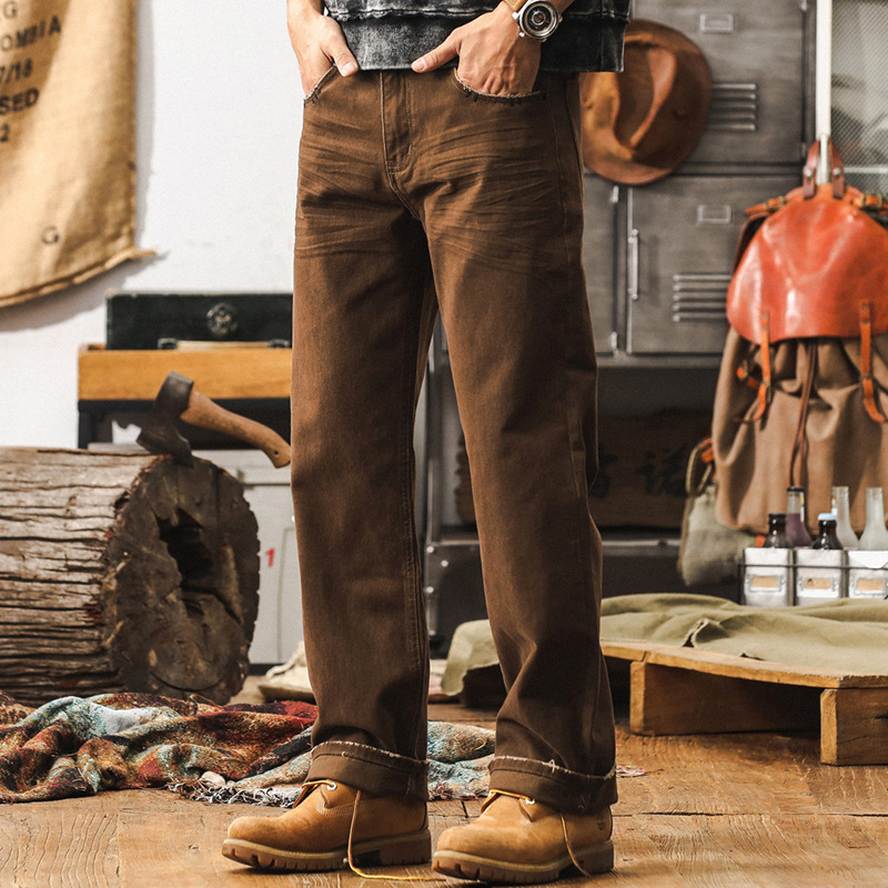美式復古咖色美拉德牛仔褲男款直筒潮牌男士休閒褲秋季工裝褲子男