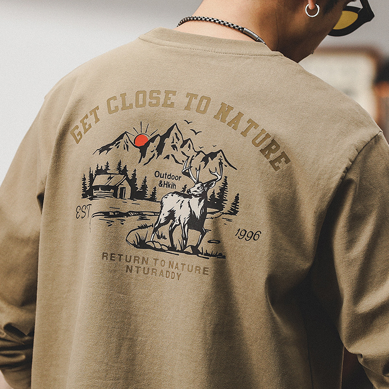 美式重磅T恤男長袖春季2024新款潮牌上衣山系印花男裝衣服男