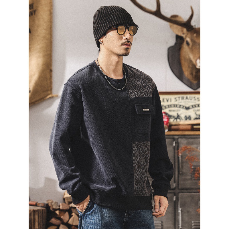 美式復古380g重磅衛衣男春秋2025新款提花拼接加厚秋冬寬鬆上衣男