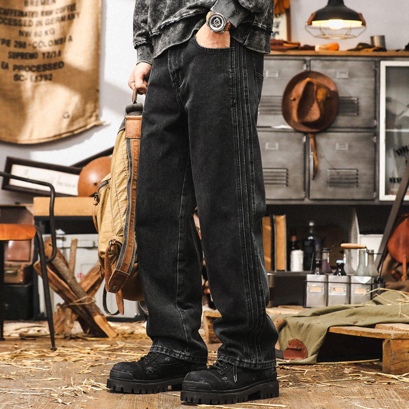 美式復古高級感重磅黑色牛仔褲男秋季潮牌寬鬆直筒褲子男休閒長褲