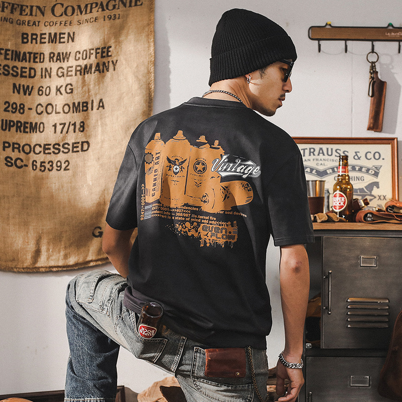 235g重磅發泡印花T恤男夏季短袖2024新款美式復古潮牌寬鬆上衣男