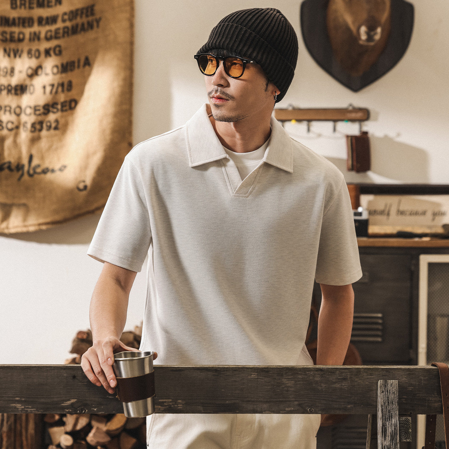 美式復古假兩件海鷗領Polo衫男短袖夏季寬鬆潮牌男士T恤亨利衫男