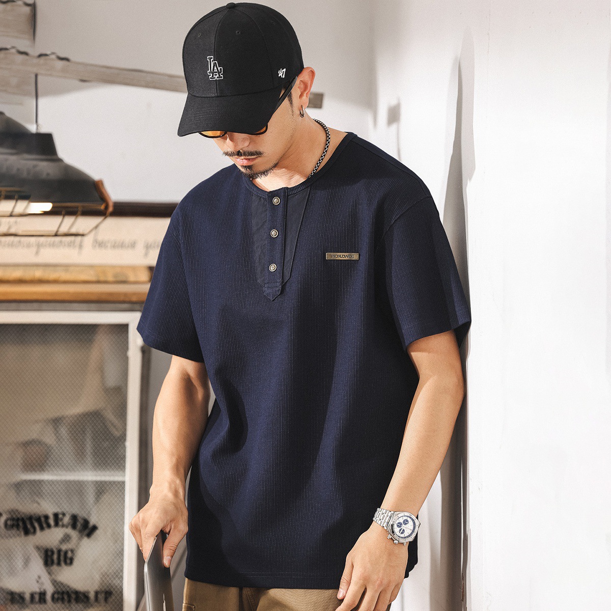 高級感肌理亨利領短袖T恤男士2025新款寬鬆美式復古夏季polo衫男