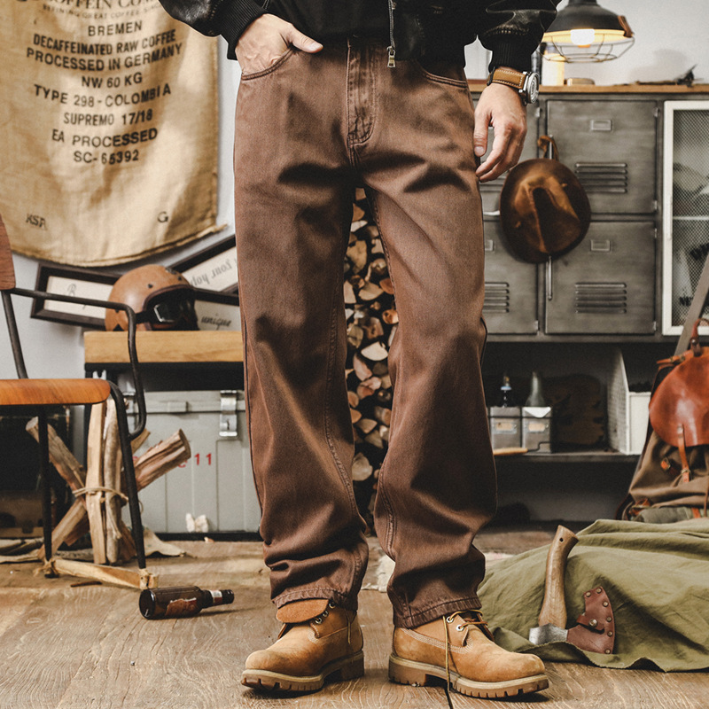 美式復古紫色牛仔褲男寬鬆直筒重磅工裝褲子男秋季丹寧潮流休閒褲