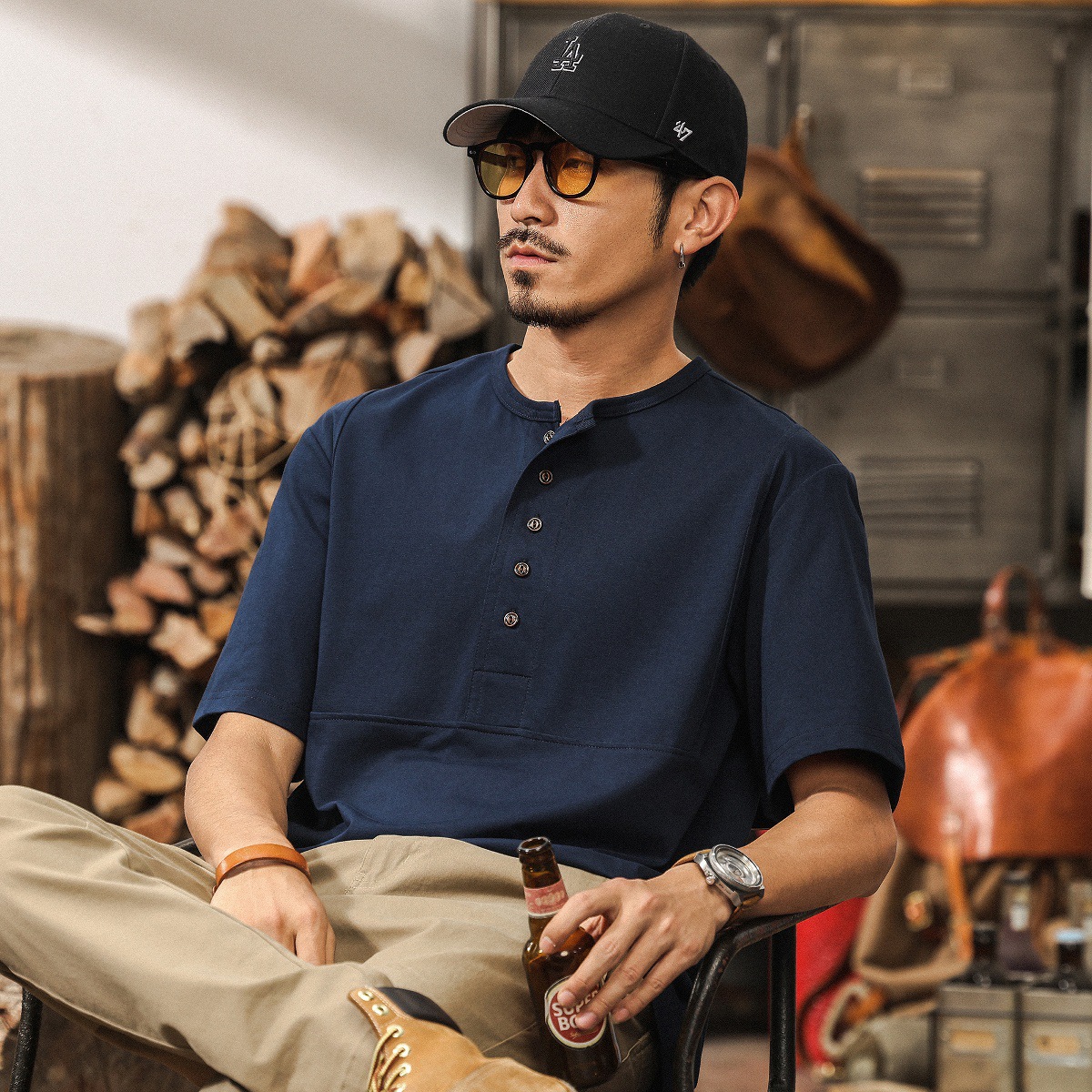 美式復古重磅T恤男夏季短袖寬鬆2025新款潮流硬漢亨利領Polo衫男