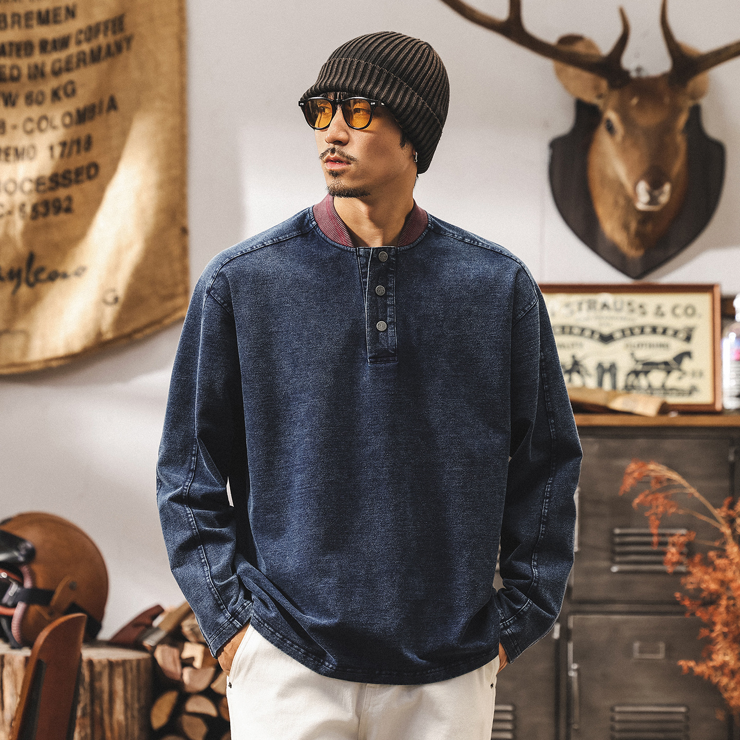 美式復古亨利領320g重磅T恤男春秋新款棒球領衛衣靛藍牛仔外套男