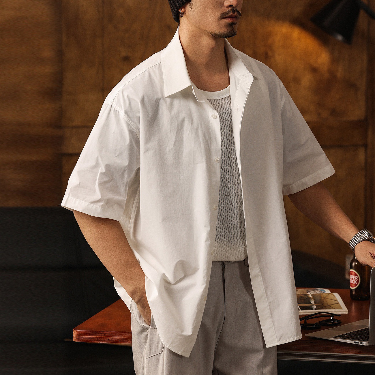 美式復古長絨棉極簡風短袖襯衫男夏季潮牌寬鬆商務休閒白色襯衣男