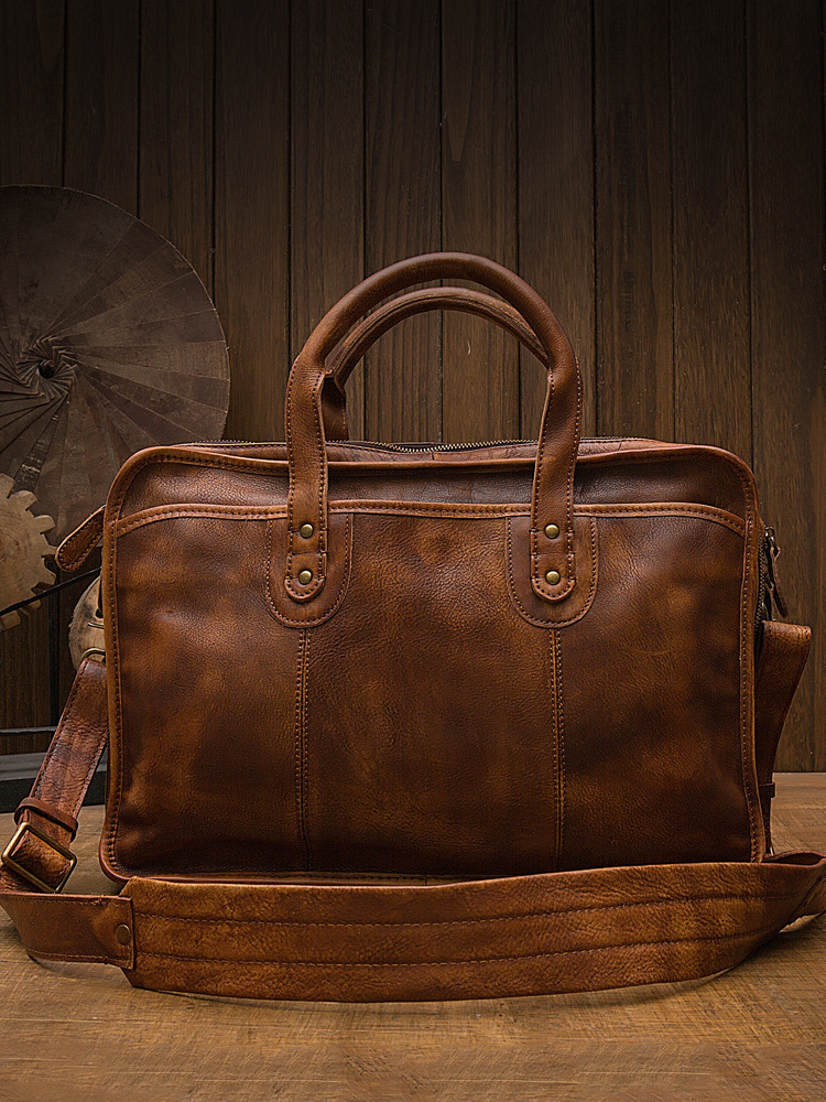 手工男士復古公文包手提男包頭層牛皮旅行包男款單肩斜挎包電腦包