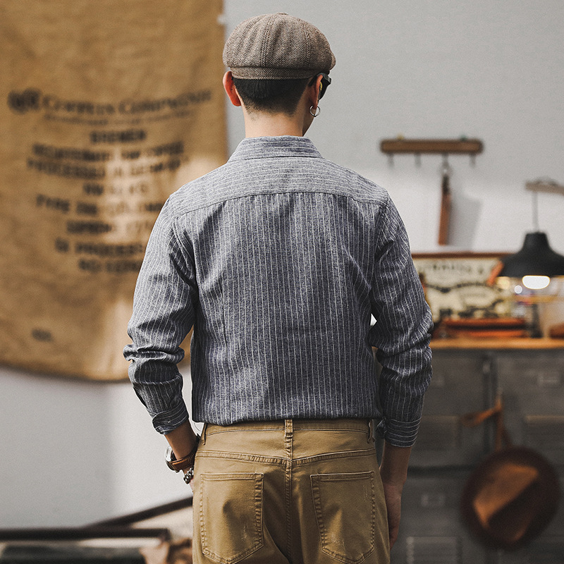 2024新款春季簡約條紋休閒襯衫男士百搭美式經典復古長袖襯衣外套