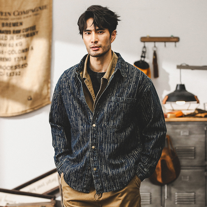 美式複古提花牛仔襯衫男長袖秋季潮牌寬松做舊水洗休閑夾克外套男