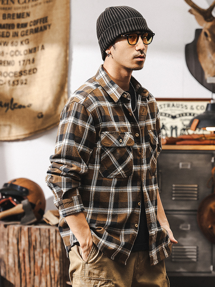 美式復古磨毛格子襯衫男長袖春秋季2025新款潮牌寬鬆休閒襯衣外套
