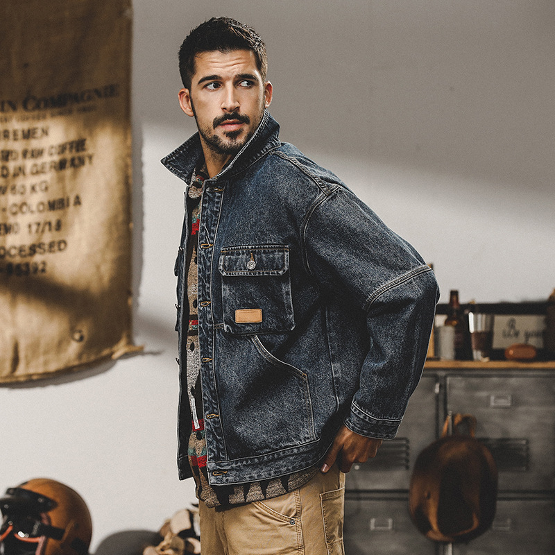 美式復古牛仔外套男硬漢潮流單排扣棉質聚酯纖維牛仔布春秋多口袋
