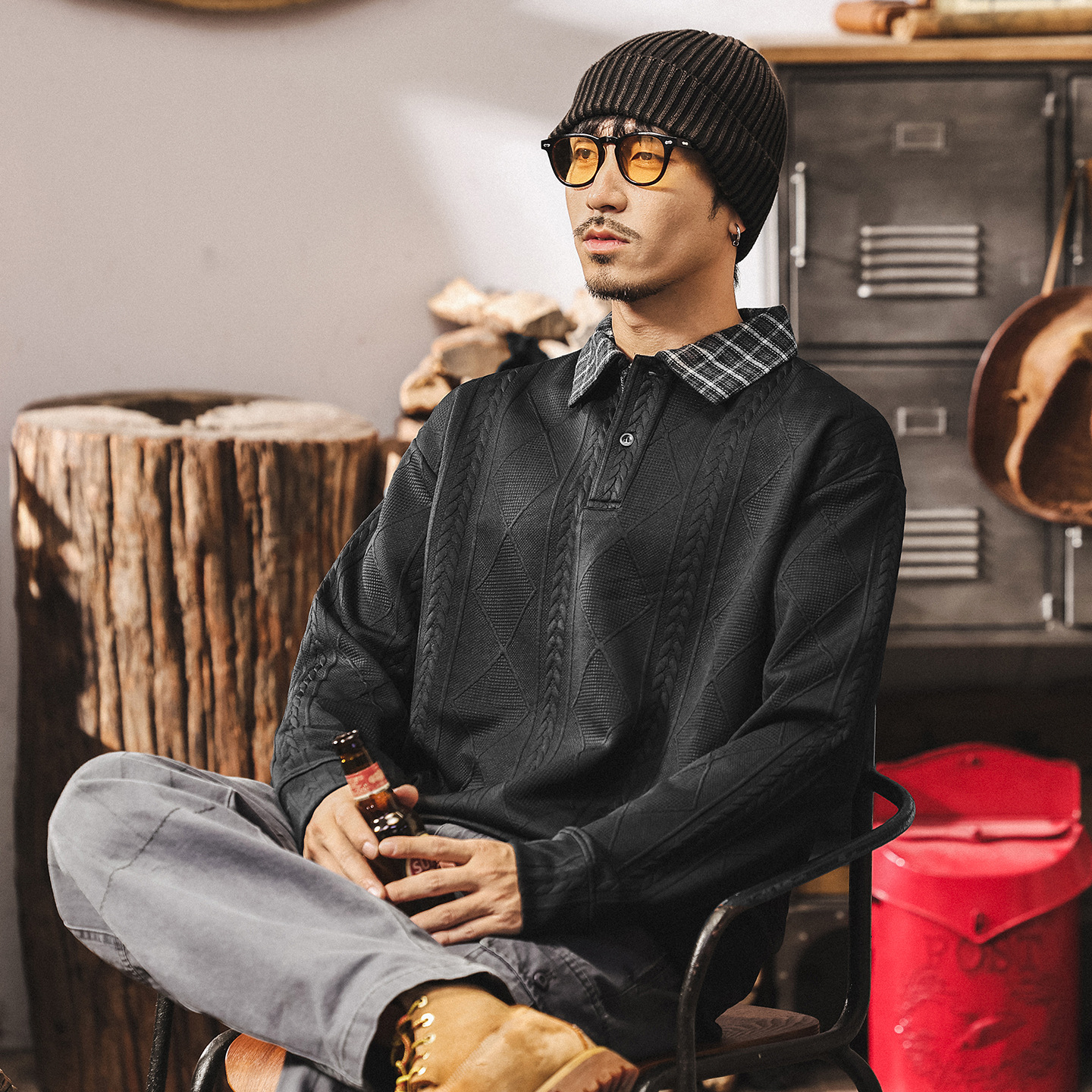 美式復古假兩件重磅衛衣男春秋2025新款寬鬆針織提花男士Polo衫潮