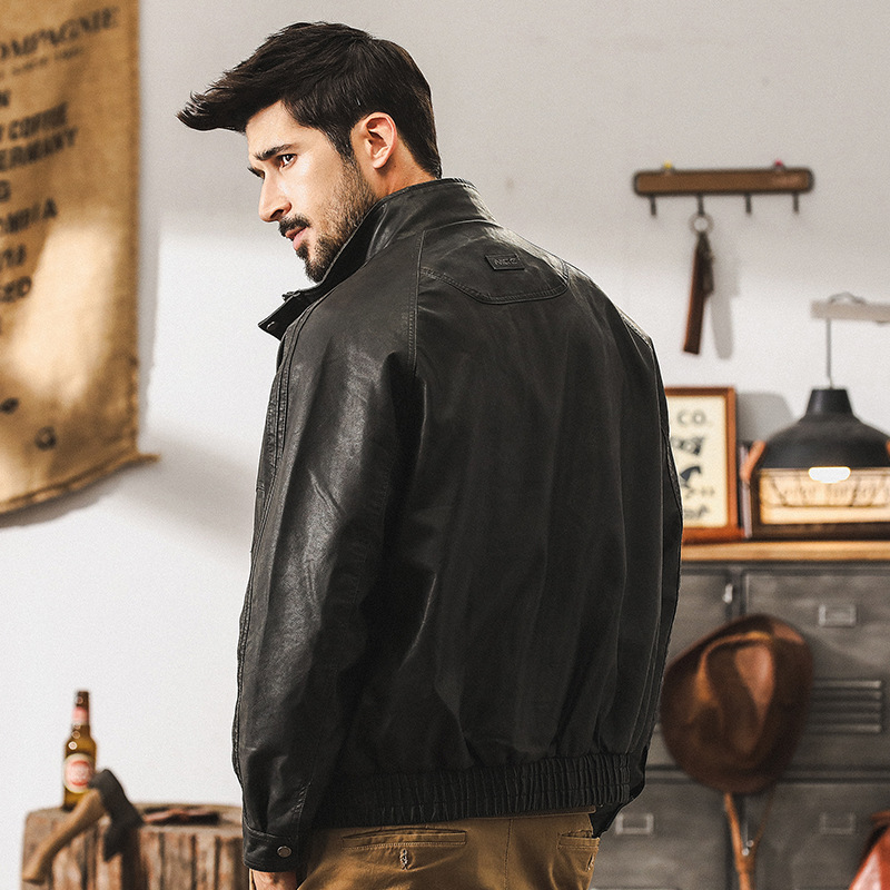 美式復古軟皮衣外套男冬季加絨寬鬆硬漢帥氣機車服秋冬款棉服夾克