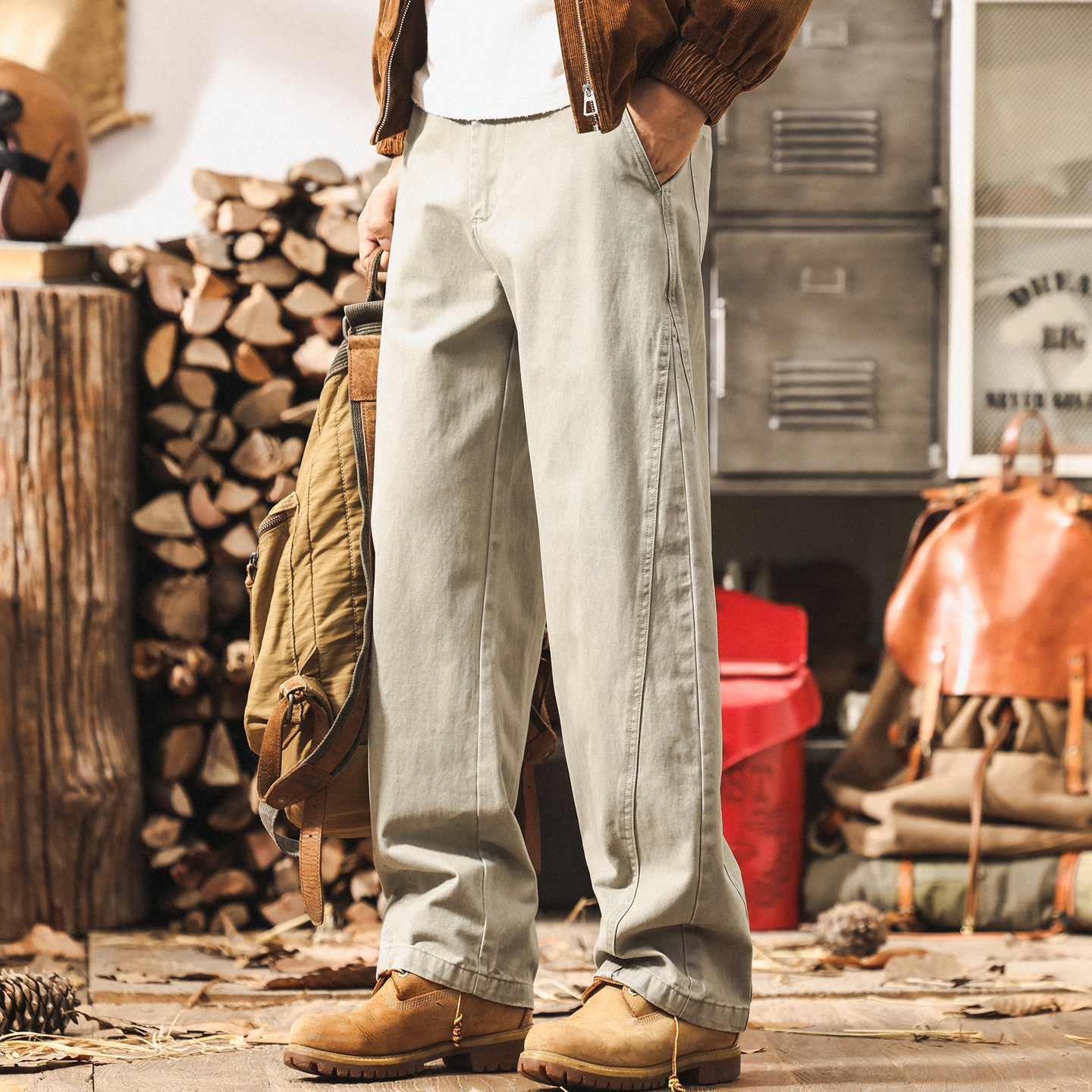 美式復古淺灰色工裝褲子男2025新款春秋闊腿長褲男寬鬆直筒休閒褲