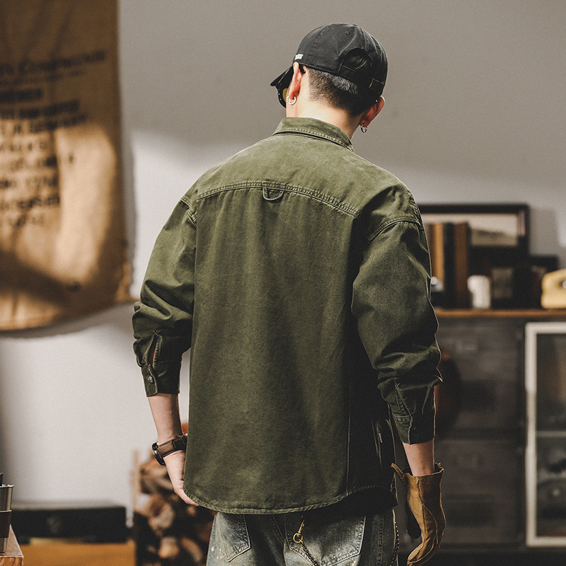 美式水洗重磅工裝夾克外套男2024新款寬鬆潮牌春季襯衫男長袖襯衫