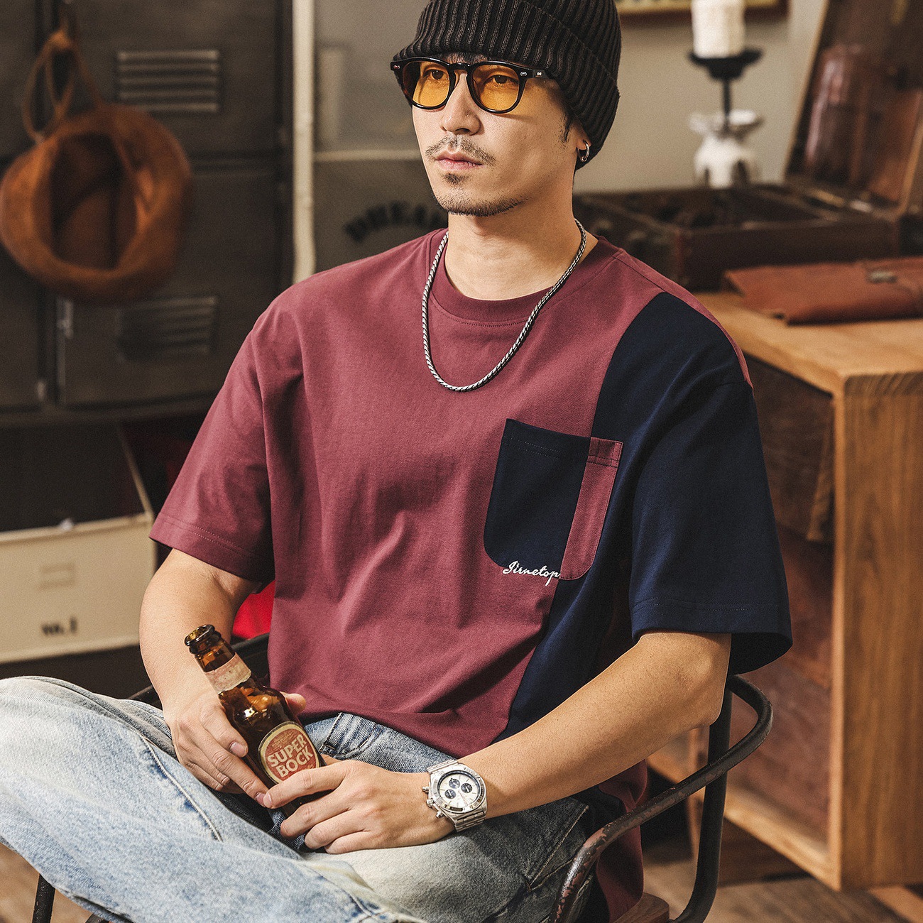 美式復古拼接撞色短袖男夏季新款250g重磅T恤男潮流寬鬆上衣