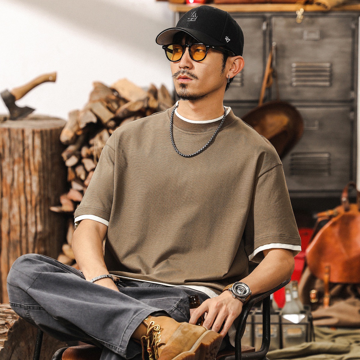 32支華夫格肌理感短袖男款夏季索羅娜涼感T恤男寬鬆假兩件上衣男