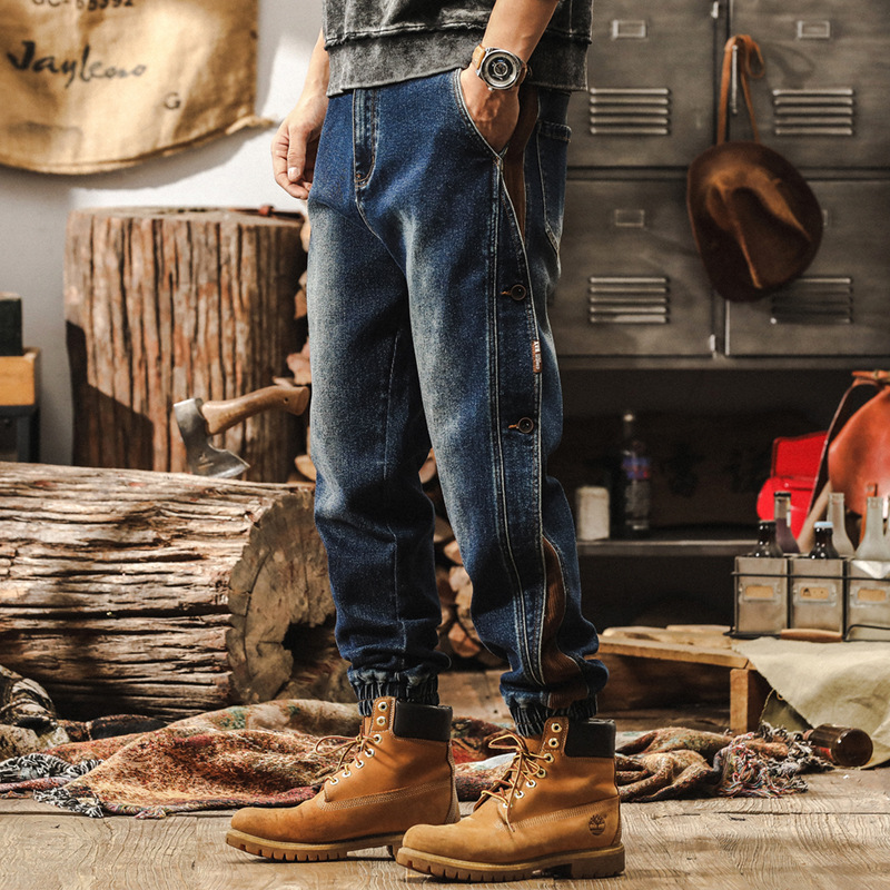 美式復古工裝褲子男秋季做舊寬鬆直筒牛仔褲男潮牌束腳排扣休閒褲