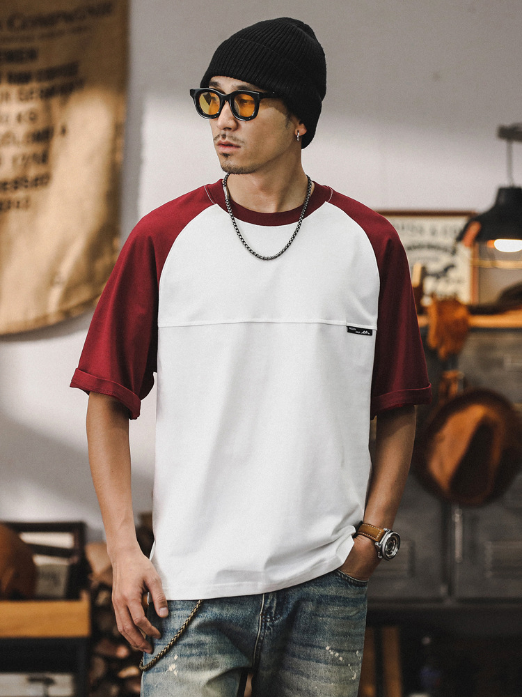 230g重磅T恤男夏季寬鬆潮牌短袖2024新款插肩袖撞色潮流男士上衣