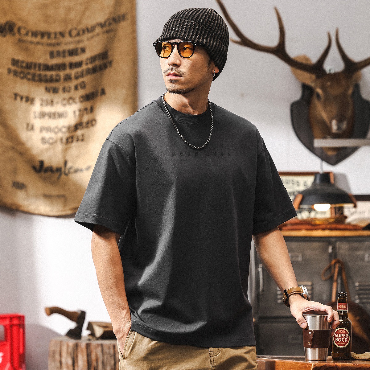 美式復古32支雙紗短袖T恤男夏季潮流簡約膠漿印花休閒上衣男