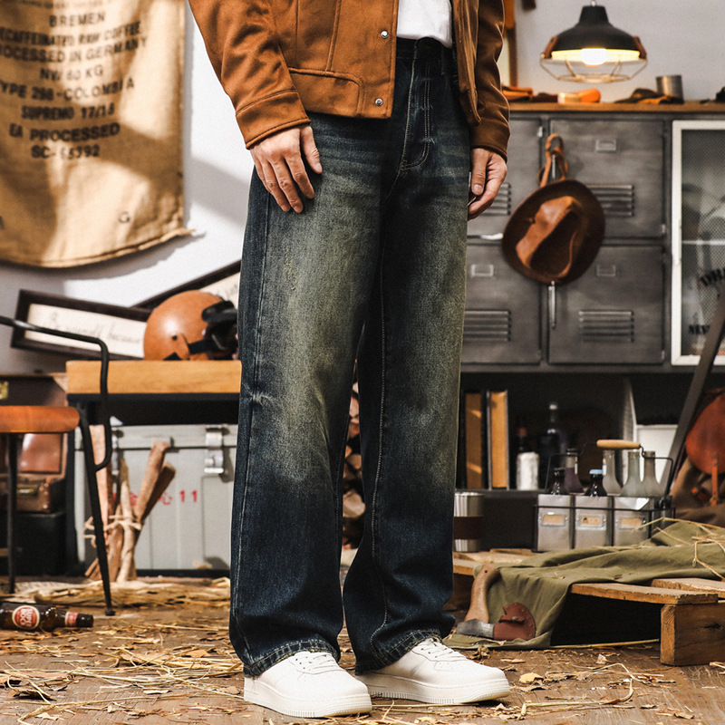 美式經典牛仔褲男寬鬆直筒2024新款潮流褲子男秋季復古水洗休閒褲