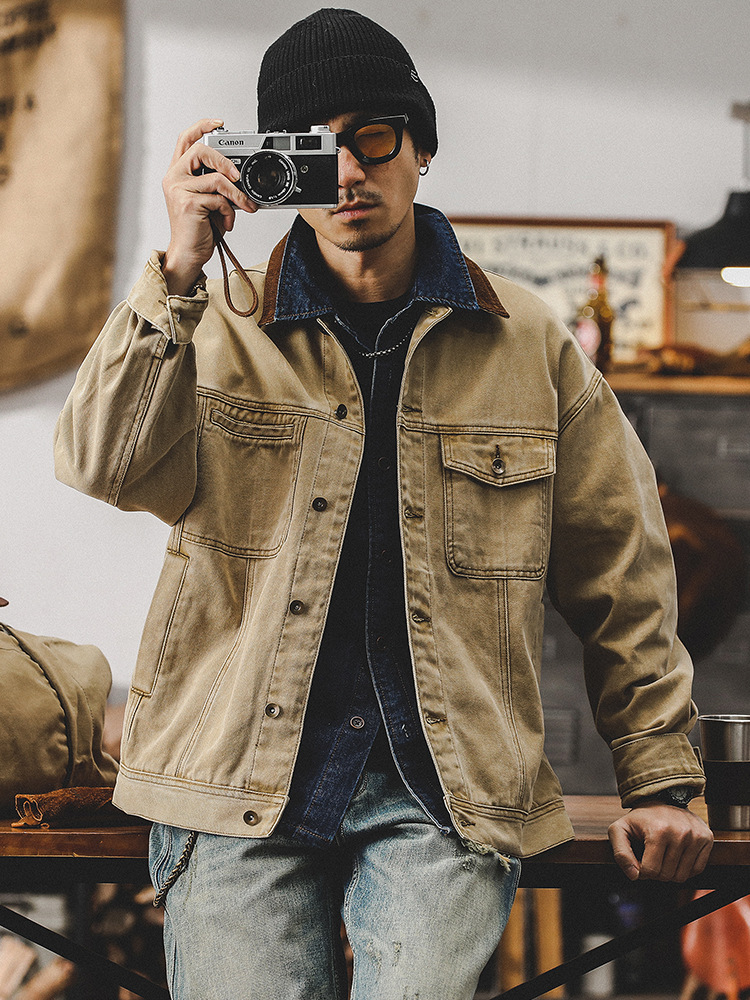 美式經典復古工裝外套男春秋款2024撞色痞帥寬鬆潮牌男士休閒夾克