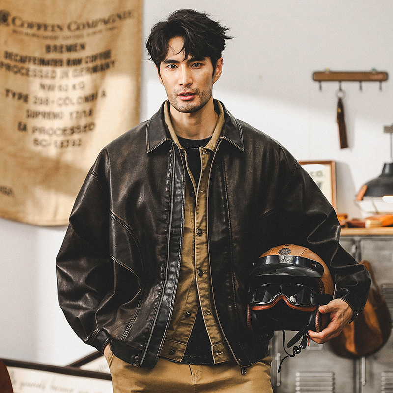 美式復古廢土風軟皮衣外套男秋季潮牌寬鬆痞帥硬漢機車工裝夾克男
