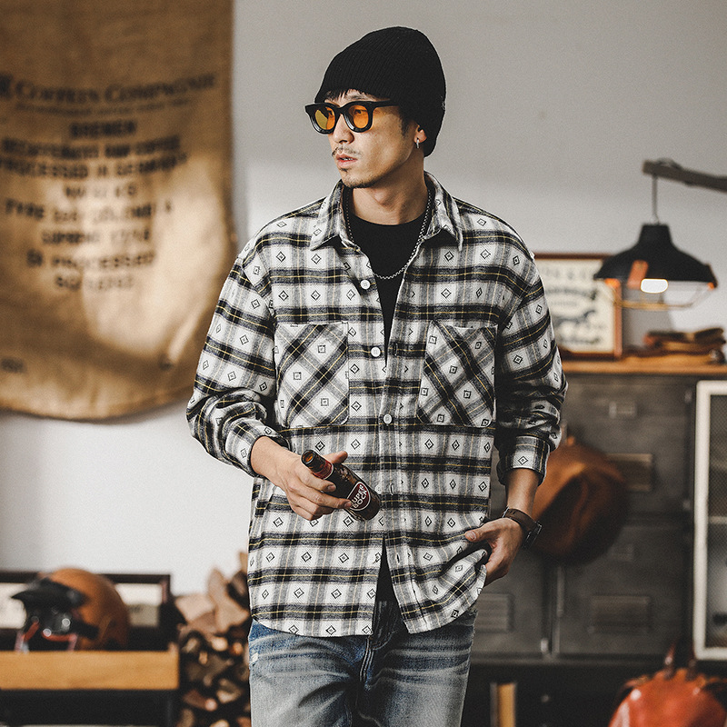 杰雷諾美式復古格子襯衫男長袖2024新款色織提花磨毛襯衣男士上衣