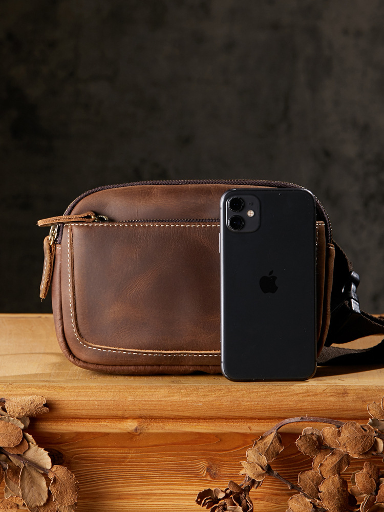 手工休閒男士胸包復古牛皮戶外運動真皮腰包時尚個性瘋馬皮斜挎包