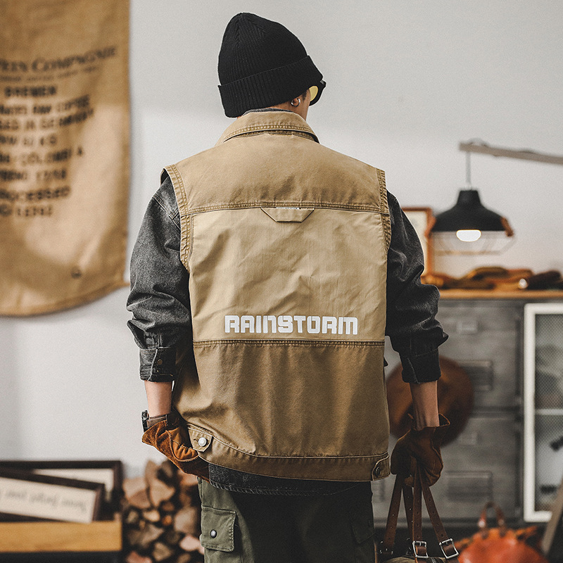 美式重磅复古工装夹克男春季钓鱼户外战术机能多口袋工装马甲外套