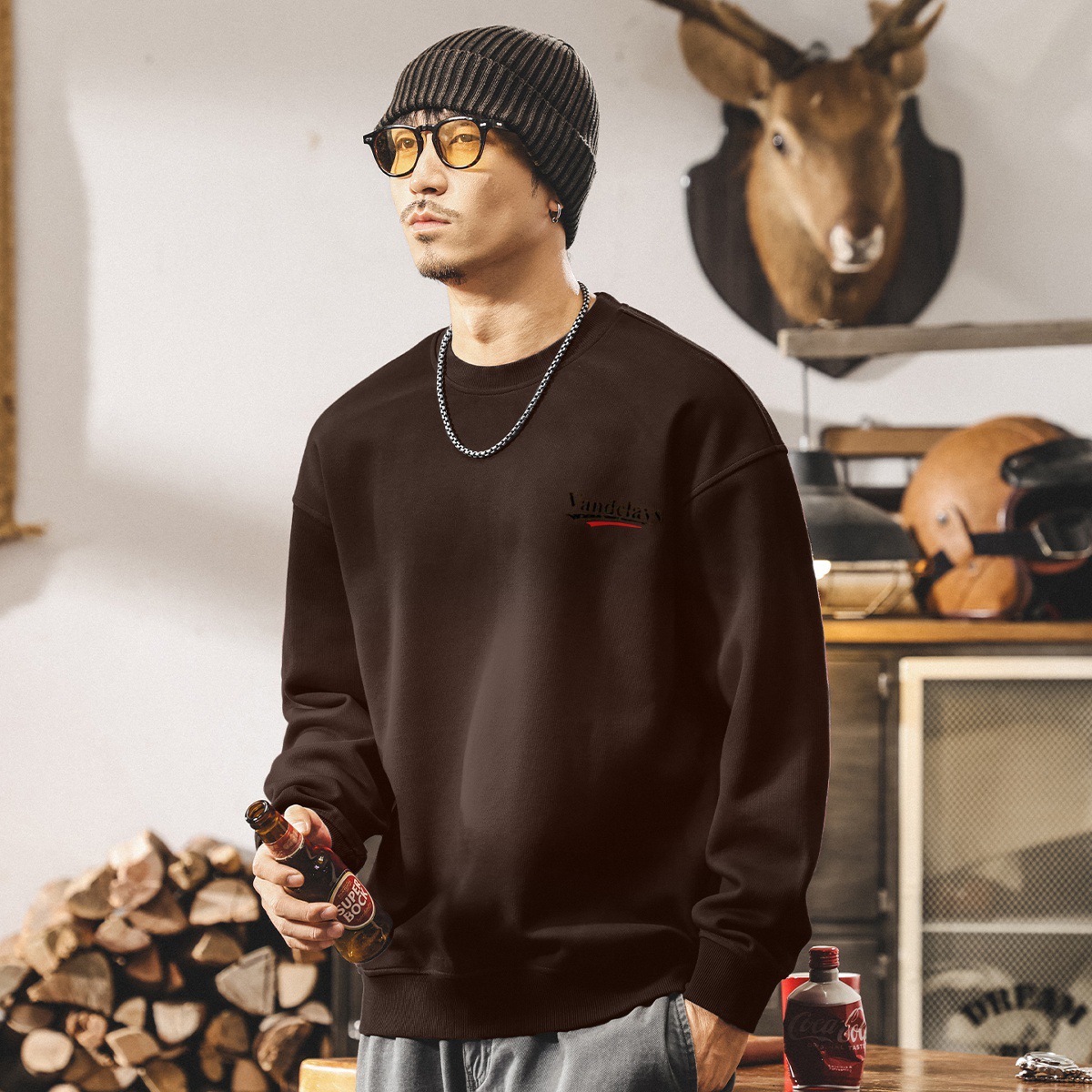 安可拉紅重磅圓領衛衣男春秋新款美式復古潮流髒染寬鬆大碼上衣男