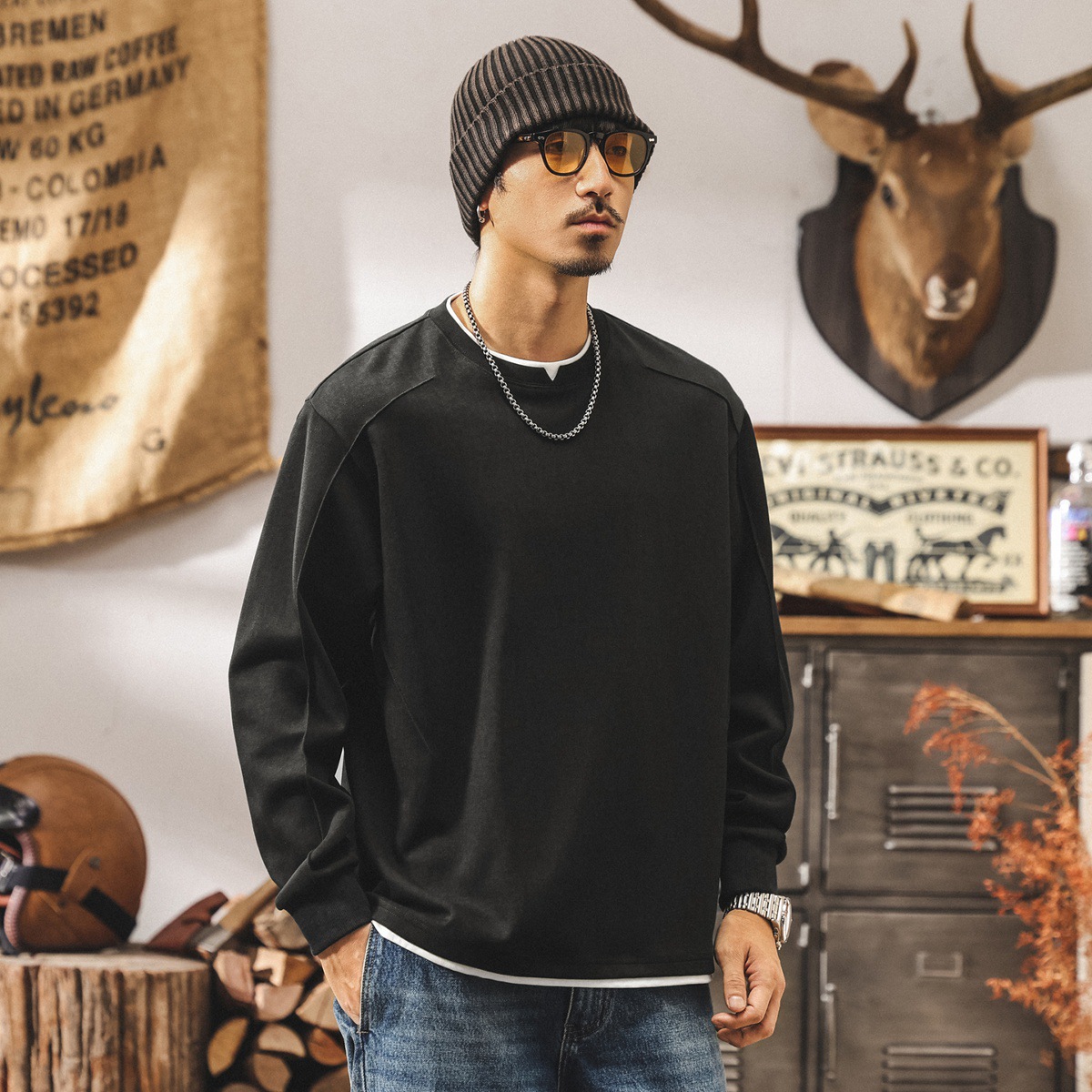 美式復古260g重磅長袖t恤男寬鬆秋季新款潮牌拼接假兩件男裝上衣