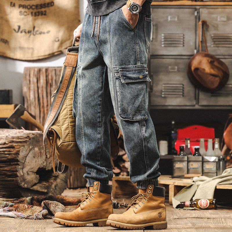 美式復古直筒牛仔褲男秋季潮牌水洗工裝褲男士秋冬褲子束腳休閒褲