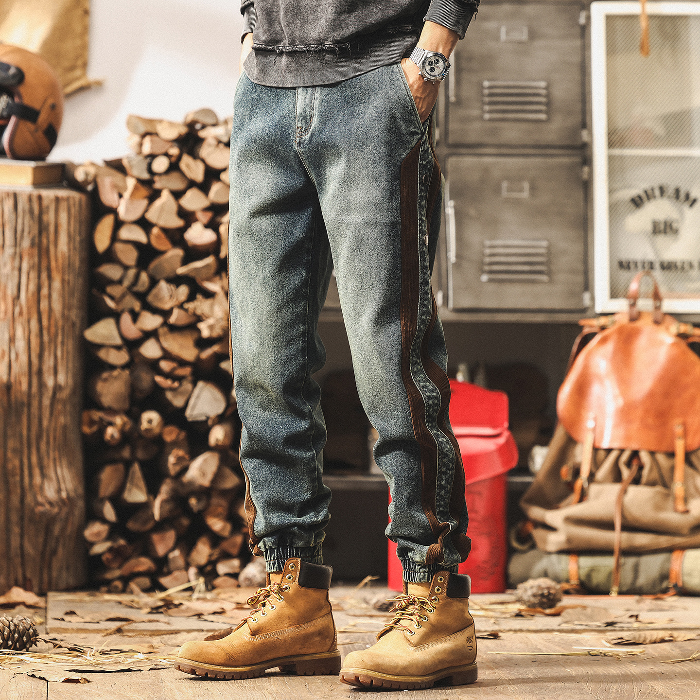 美式復古秋季牛仔褲2025新款潮牌拼接潮牌潮流設計感休閒工裝褲子