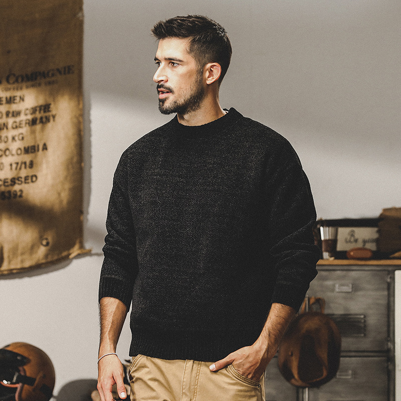 美式經典黑色加絨毛衣男冬季厚款寬鬆潮牌簡約百搭基礎打底針織衫
