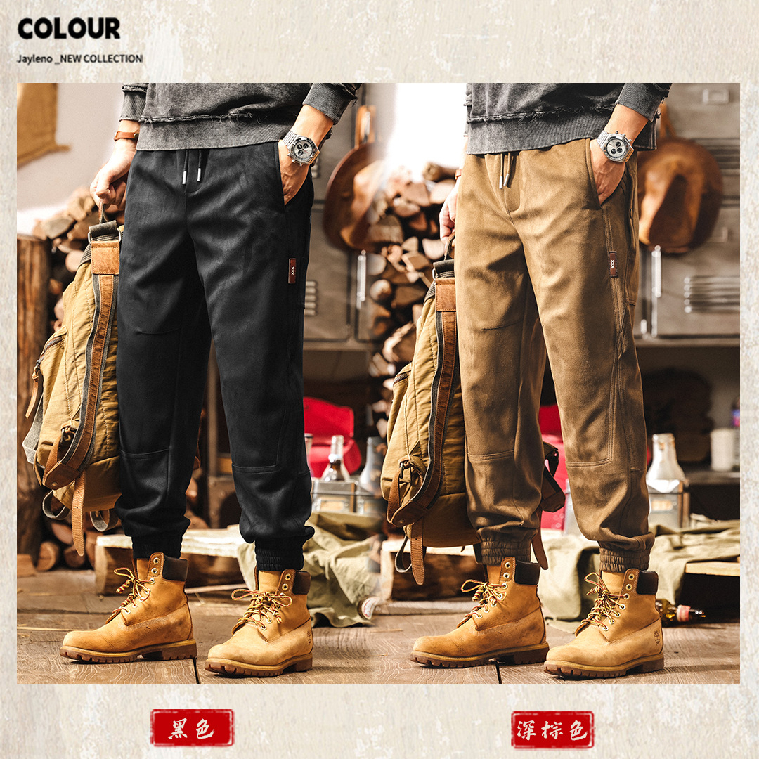 美式復古高級感麂皮絨褲子男秋季2025新款工裝設計感男士休閒褲潮