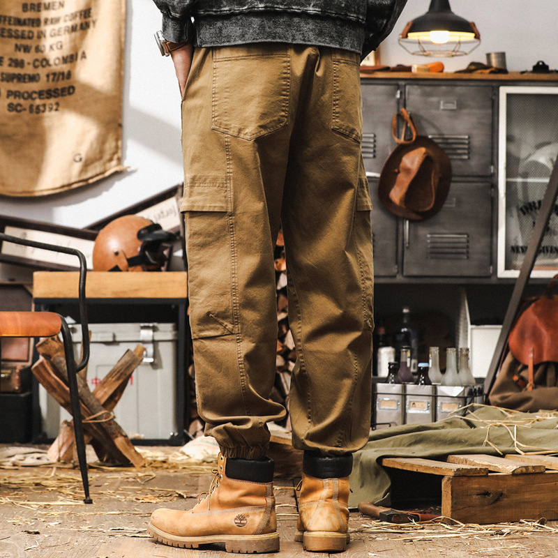 美式復古工裝褲子男秋季戶外潮牌多口袋休閒褲男士寬鬆卡其色褲子