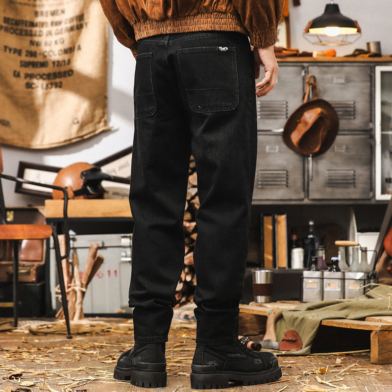 美式復古黑色牛仔褲男秋季酵母工廠水洗褲子men2024新款寬鬆直筒休閒褲