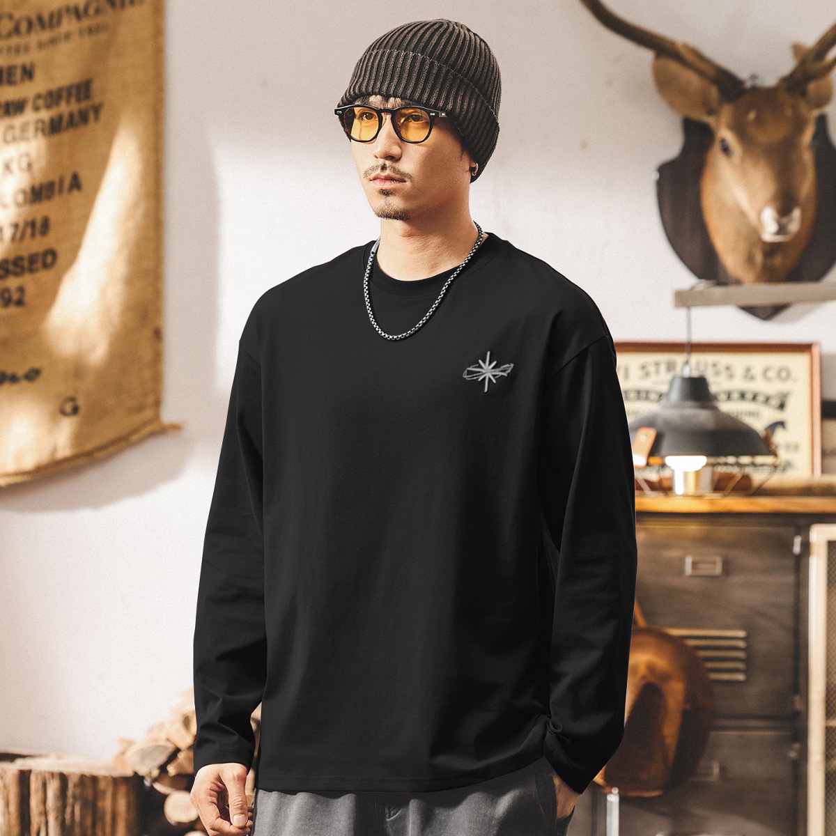 美式復古長袖t恤男秋季2025新款刺繡潮牌寬鬆大碼休閒男士上衣潮T