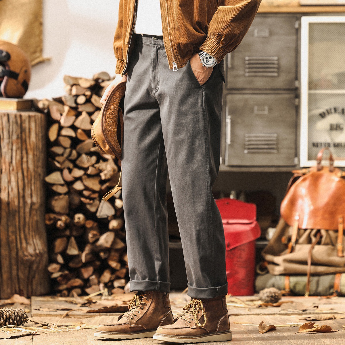 美式工裝復古卡其色褲子男款秋季潮牌寬鬆直筒新款簡約男士休閒褲