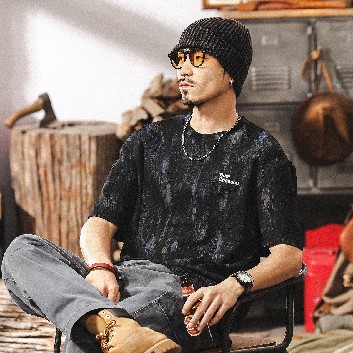 輕奢雲染水洗美式高街短袖T恤男夏季潮流設計感提花男士半袖上衣T