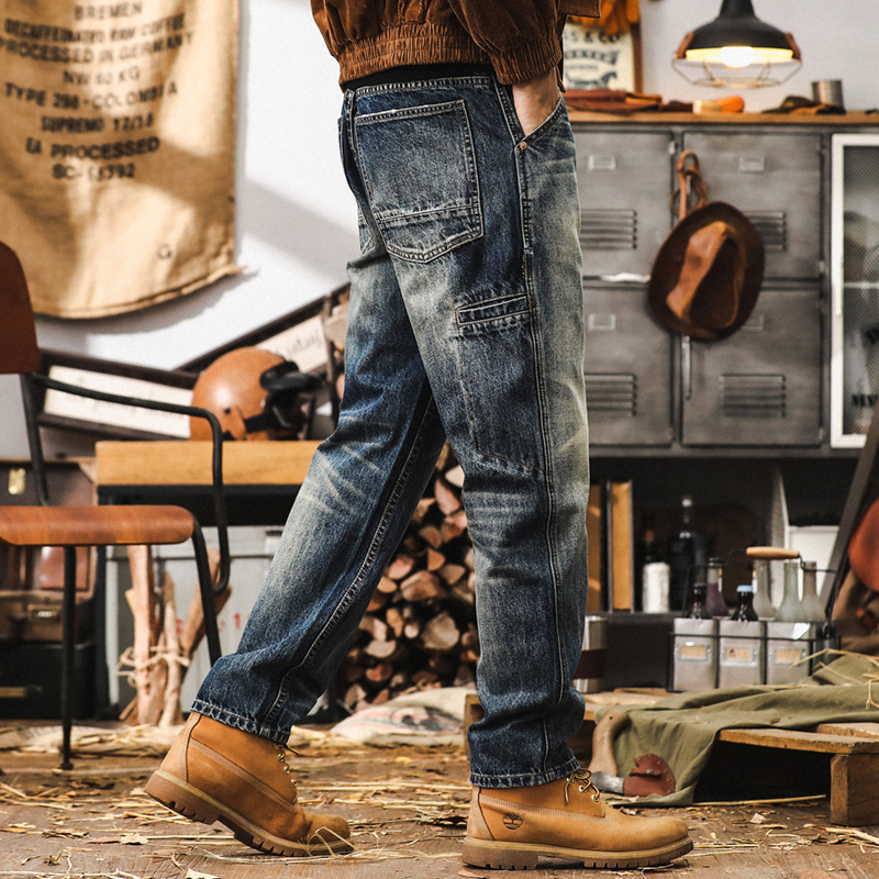 美式復古重磅做舊秋季牛仔褲男寬鬆直筒工裝褲子男潮牌休閒長褲男