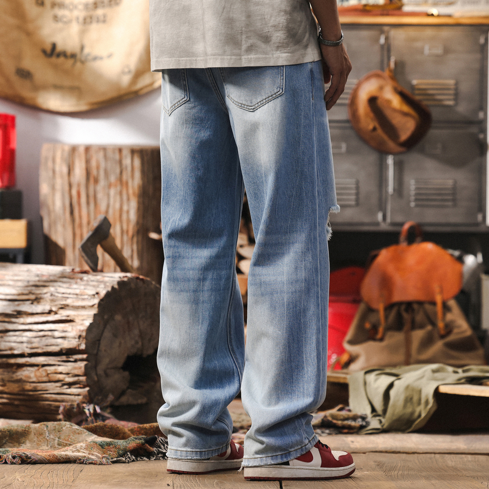 美式復古破洞牛仔褲子男夏季薄款潮流寬鬆直筒扎花水洗男士休閒褲