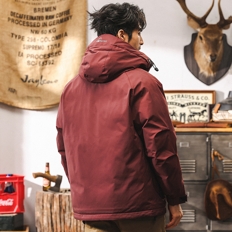 美式復古海棠紅工裝羽絨服男冬季加厚2024新款石墨烯保暖外套男款