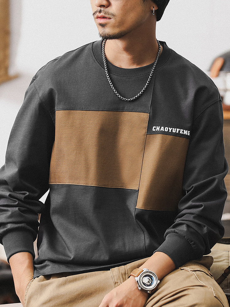 美式複古280g重磅長袖t恤男秋季潮牌寬松拼接撞色休閑上衣男