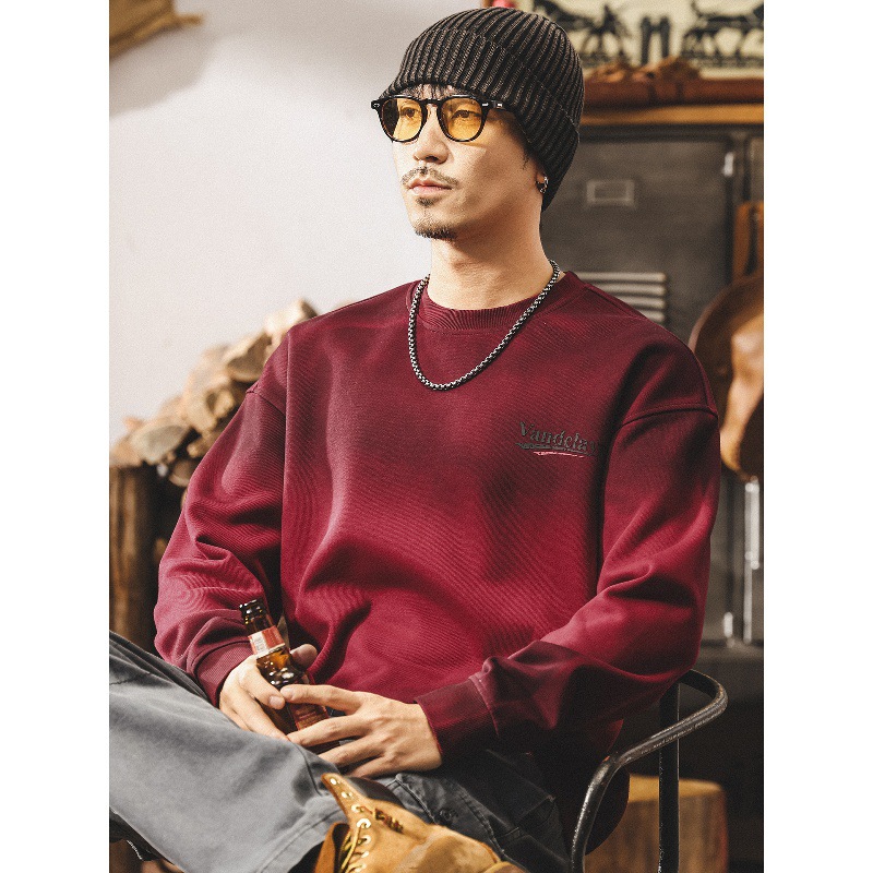 安可拉紅重磅圓領衛衣男春秋新款美式復古潮流髒染寬鬆大碼上衣男