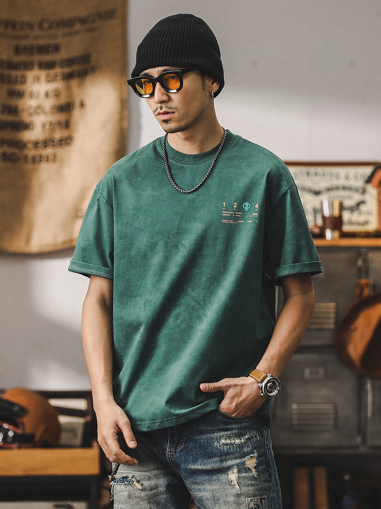 絨面發泡印花短袖男夏季美式潮牌T恤男2024新款男裝復古半袖上衣