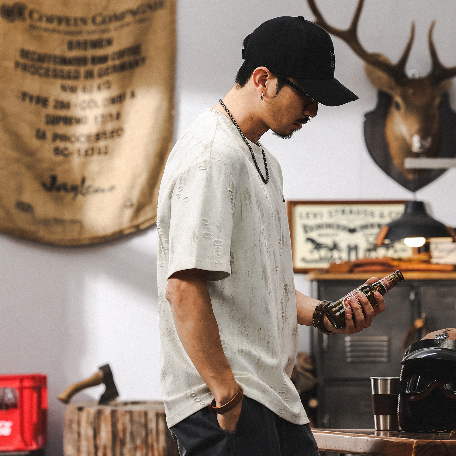 輕奢雲染水洗美式高街短袖T恤男夏季潮流設計感提花男士半袖上衣T